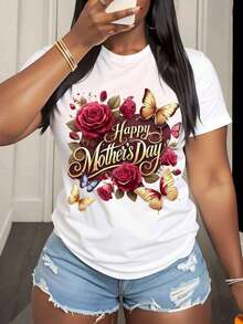 Happy Mother's Day T-Shirt With Roses And Butterflies Design For Women, Casual T-Shirt For Mother's Day Gift, 220g - Urban Vintage Style, Unisex, 100% Pure Cotton, Short Sleeve, Round Neck. - 白色 - 查看 3