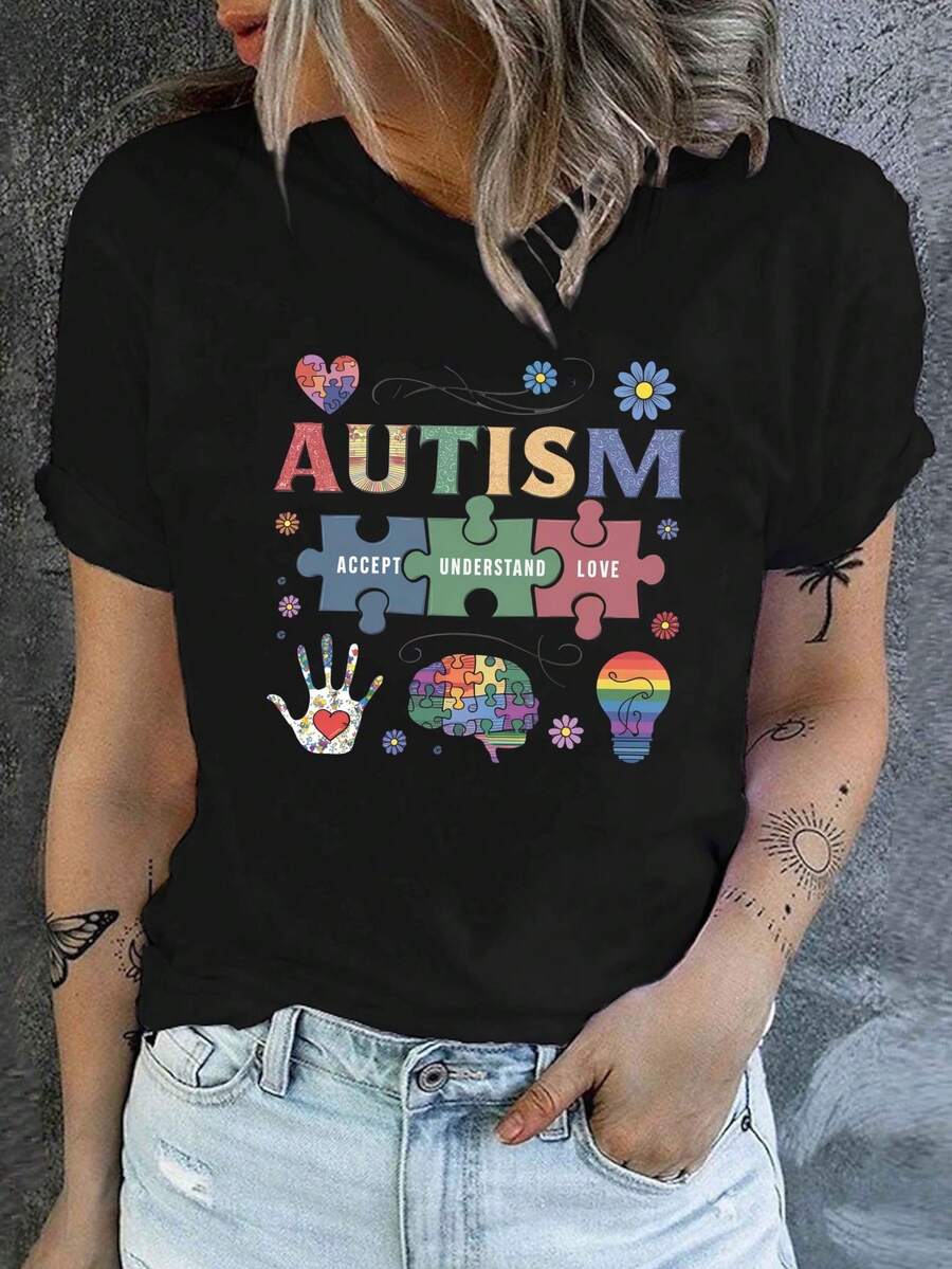 Women's T-Shirt With Autism Awareness Design - Colorful Diamond And Symbol Design, Soft And Stretchy Crew Neck Casual Top, Machine Washable For Year-Round Comfort, Inclusive Informative Clothing, Medium Stretch Fabric Blouses For Women. - Black - View 1