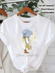 Women's Round Neck T-Shirt With Cartoon Print, Short Sleeve, Fashionable Printed Top, Casual Round Neck Short Sleeve T-Shirt For All Seasons, Soft And Breathable Fabric, Machine Washable, Comfortable For Daily Wear In Spring, Summer, Autumn And Winter - White - View 1