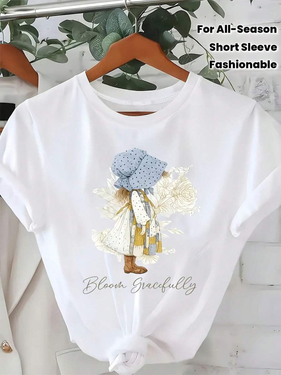 Women's Round Neck T-Shirt With Cartoon Print, Short Sleeve, Fashionable Printed Top, Casual Round Neck Short Sleeve T-Shirt For All Seasons, Soft And Breathable Fabric, Machine Washable, Comfortable For Daily Wear In Spring, Summer, Autumn And Winter - White - View 1