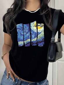 100% Cotton. Night Sky With Luminous Swirls That Evoke Artistic Calm And Cosmic Energy, Inspiring Freedom In Every Stroke. Women's 100% Cotton Soft And Comfortable Casual Elegant T-Shirt. Women's Simple Solid Color T-Shirt, Loose And Slim Fit Casual Short Sleeve - 黑色 - 查看 11