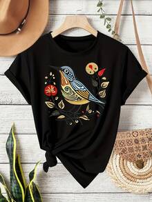 Women's Metallic Vintage Bird And Flower Print Short Sleeve T-Shirt - Soft And Stretchy Crew Neck, Machine Washable, All-Season Casual And Holiday Wear, Multicolor Options S-XXL, Retro T-Shirts, Everyday Fashion, Non-See-Through Fabric - 黑色 - 查看 1