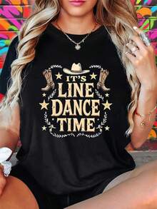Camia de mujer moderna, informal, para fiestas y para estar en casa, 100% algodón, corte holgado. Talla Grande - - Entusiasmo por el Baile en Línea Rural "ES HORA DEL BAILE EN LÍNEA" con Estampado de Sombreros de Vaquero, Botas de Vaquero, Estrellas y Hojas de Laurel, Camiseta Casual de Moda para Mujer con Cuello Redondo para Primavera y Verano - Negro - Ver 2