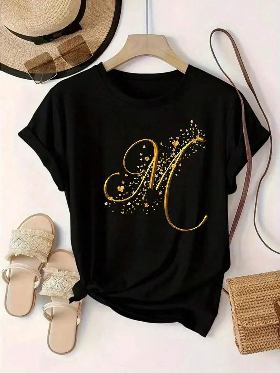 Fashionable Women's Printed T-Shirt, Round Neck Top, Casual Short Sleeve Top, Comfortable And Soft Knit Fabric - 黑色 - 查看 1