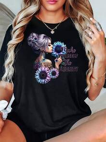 Floral And Geometric Print Crew Neck T-Shirt - Casual Short Sleeve Top With The Inspirational Quote "Illuminate Yourself", Breathable H-Shaped For Everyday Wear, Shirts, All-Season Fabric - [] - 查看 1