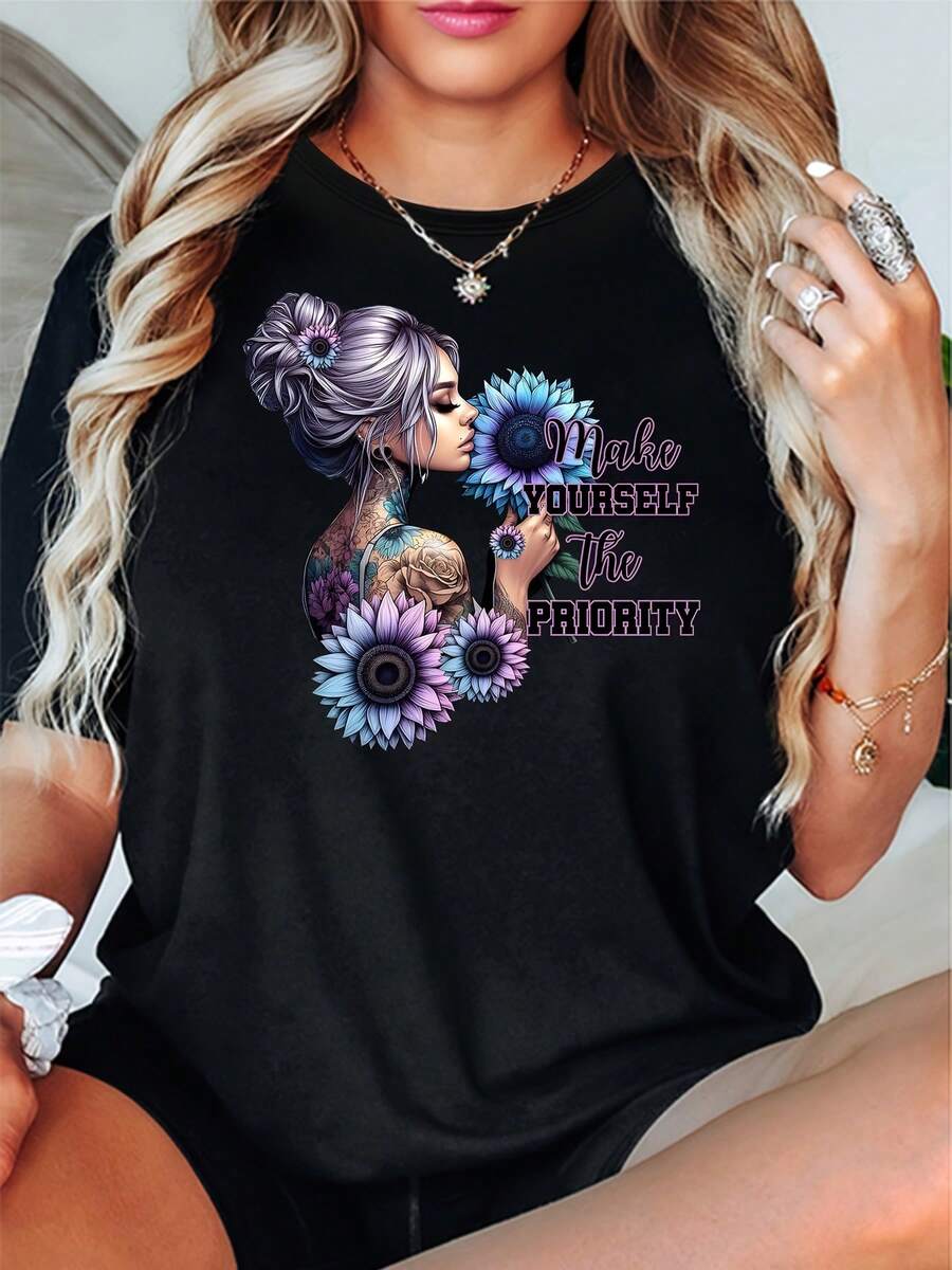 Floral And Geometric Print Crew Neck T-Shirt - Casual Short Sleeve Top With The Inspirational Quote "Illuminate Yourself", Breathable H-Shaped For Everyday Wear, Shirts, All-Season Fabric - [] - 查看 1