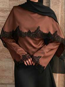 Middle Eastern Arabic Women's Lace Patchwork Round Neck Long Sleeve T-Shirt, Versatile Top, Spring Summer Autumn Vacation - Brown - View 4