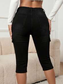 Women's Mid-Rise Cargo-Style Fitted Denim Capris With Medium Stretch, Elastic Waistband With Drawstring, Casual Style - 黑色 - 查看 5