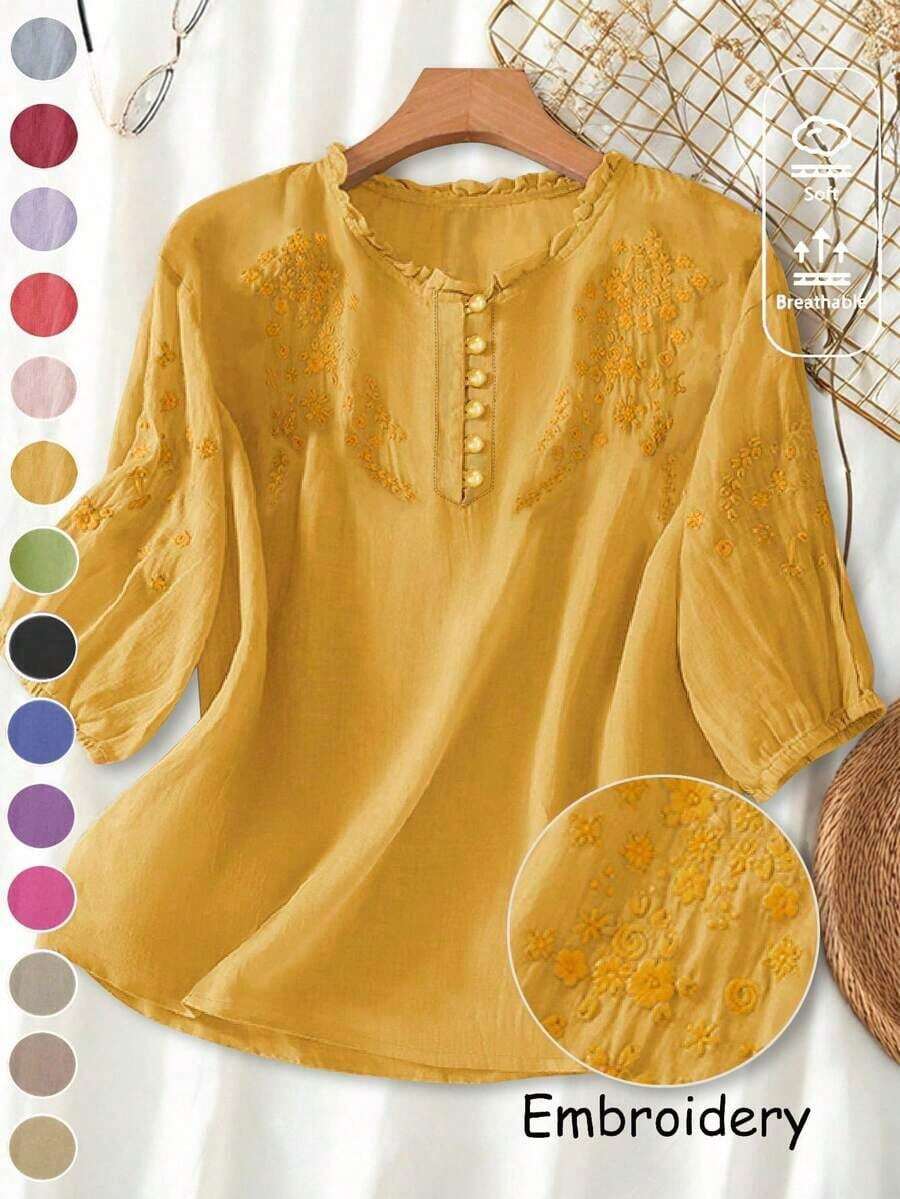Blusa ligera y holgada de viscosa con bordado retro para mujer, para primavera y verano, casual, estilo campestre, tops de verano - Amarillo - Ver 1
