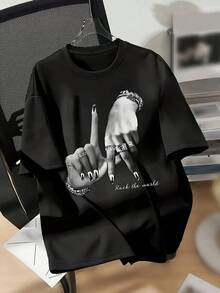 Top de moda para mujer de manga corta y cuello redondo holgado con estampado de patrónTee - Negro - Ver 1