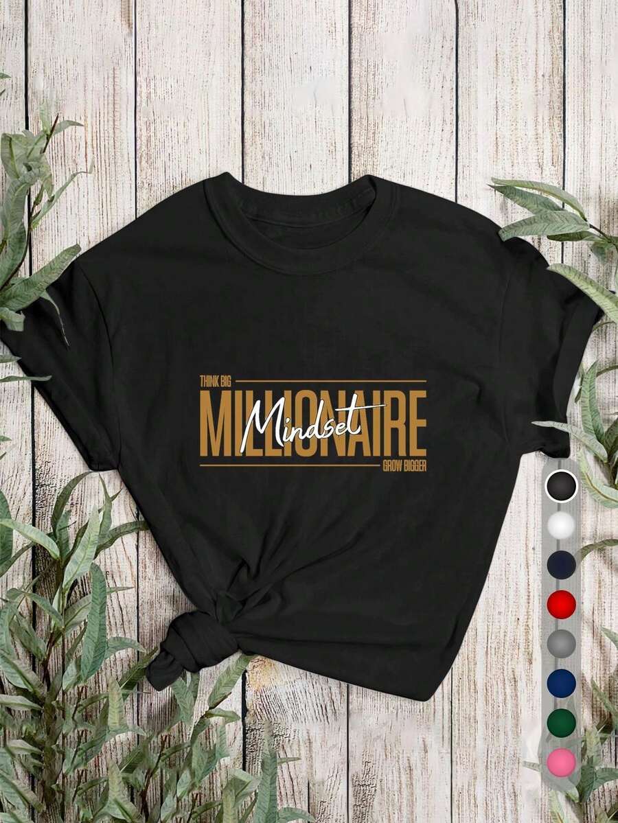 Camiseta Estampada para Mujer - Camiseta Casual de Manga Corta y Cuello Redondo en Algodón, Color Negro, con Nudo Frontal y Texto Dorado. Con un corte relajado para todas las estaciones, la elección perfecta tanto para el uso diario como para tus conjuntos de vacaciones (lavable aáquina). - Negro - Ver 1