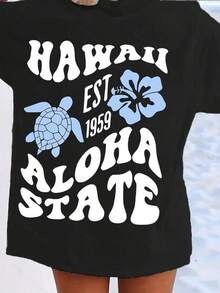 1 Piece Unisex Loose Fit T-Shirt 180g 100% Pure Cotton, Comfortable Hawaii Turtle Print T-Shirt 1959 Relaxed Style Beach Fashion Floral Design Casual Suitable For Summer Colors Black And Blue Attractive Clothing Popular Keywords Comfortable And Versatile For School, Work, Outings And Casual Events - 黑色 - 查看 6