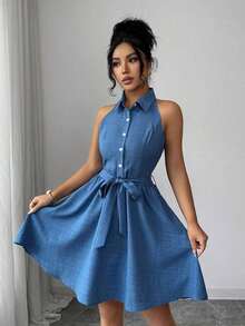 Elenzya Vestido de cuello de camisa sin mangas con tela de efecto lino de dos tonos y efecto de mezclilla, silueta en línea A, diseño elegante y romántico, adecuado para uso al aire libre - Azul lavado medio - Ver 4