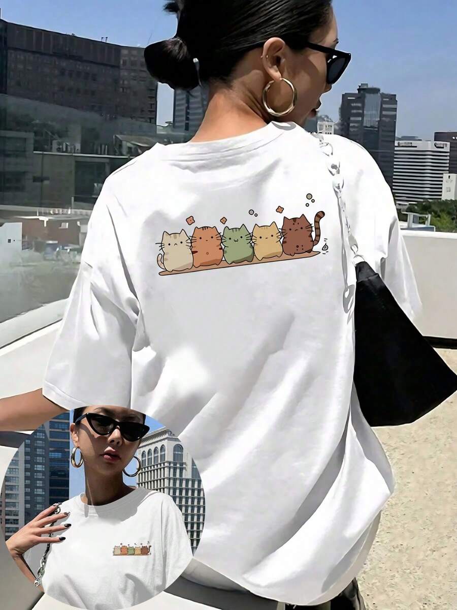 | Exquisite Design | Loose And Comfortable | Easy To Match | Double-Sided Printed T-Shirt, Cat Series, Cute Cartoon Print, Casual Short Sleeve Round Neck For Women, Skin-Friendly Fabric, Classic Design, Spring And Summer Top, A Must-Have Fashion Item For Women. - 白色 - 查看 1