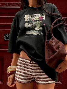 T-Shirt With Rose And Retro Newspaper Design, Fashionable Short-Sleeved T-Shirt For Spring And Summer 2026, Made In Mexico, 180 Grams. Cartoon Print, Couple Design, Suitable For Indoor Or Outdoor Wear. Crew Neck, Unisex, Ideal For Office And Leisure. One-Pack. - BK-P631577SLNDXZGY581 - 查看 3