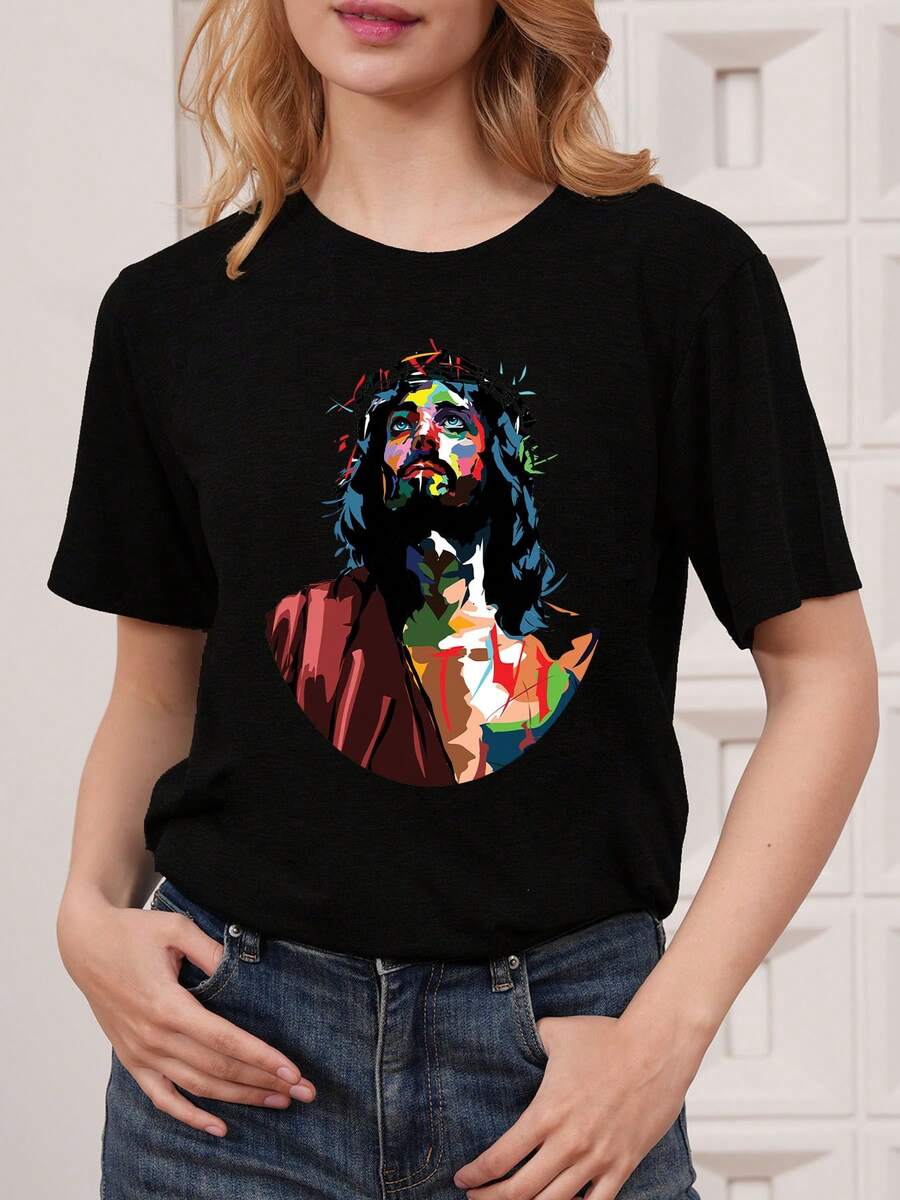 Printed T-Shirt With A Sweet Image Of King Christ In Vintage Style, Short Sleeves And Round Neck, Casual Top, Suitable For Summer And Spring, Women's Clothing. - 黑色 - 查看 1