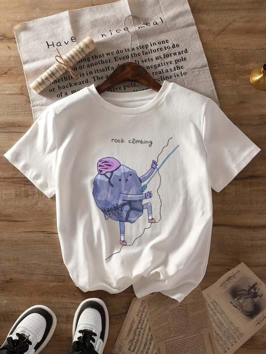 Women's Casual Sports T-Shirt With Fairy Tale Character Graphic On Chest - Elastic Crew Neck T-Shirt, Machine Washable, Comfortable Fit And Suitable For All Seasons, Perfect For Everyday Wear. - 白色 - 查看 1