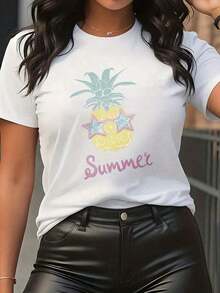 Women's Graphic Print Crew Neck Cotton Camisole, Heavyweight Black Camisole With Pineapple And Pink Lemon Print, All-Season Casual Crew Neck Top, Machine Washable, For Everyday Wear And Formal Occasions, Soft, Casual, Short-Sleeved Blouse, Cute For Summer. Suitable As A Gift. Women's T-Shirt. Blouses > Elegant. Boho Chic. Soft, Breathable, And Comfortable Women's Top, Ideal For Spring, Summer, And Fall, Perfect For Vacations, Travel, And Everyday Wear. - 白色的 - 查看 6