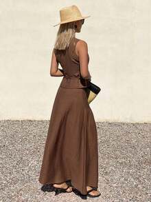 Conjunto de 2 piezas de mujer con falda plisada con cintura anudada y escote en V sin mangas, atuendo de verano para vacaciones - Camel - Ver 2