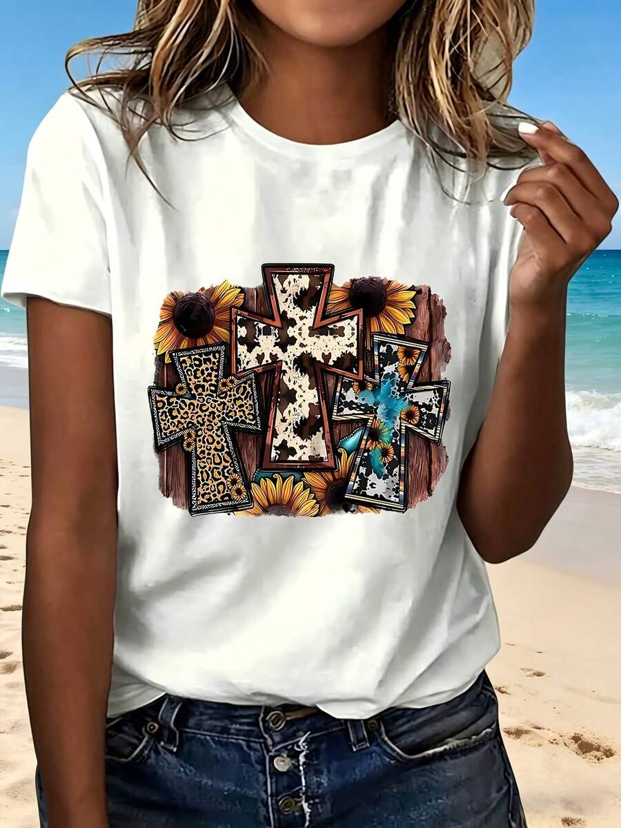 Cross Pattern Sunflower Leopard Print T Shirt With Fashion Design Casual Wear Perfect Gift For Beach Outing And Everyday Style - White - View 1