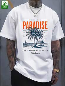 Men's Plus Size Pure Cotton Short Sleeve T-Shirt - Tropical Beach Design, Beach Vacation Style - 100% Soft Cotton, Summer, Plus Size, Fashionable Men's T-Shirt, Printed T-Shirt, Comfortable And Breathable Fabric, Machine Washable, Suitable For Daily And Work Wear, Ideal Gift, Large And Tall Sizes - 白色 - 查看 1