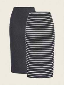 2 piezas Conjunto de falda casual de mujer a rayas y de unicolor, Conjunto a juego, Falda, Faldas para mujer, Falda a rayas, Casual - Gris - Ver 4
