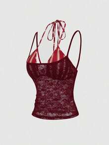 Nuevo diseño de camiseta sin mangas ajustada con rayas vintage y asimétrica 2 en 1 sexy para mujer, primavera/verano - Rojo - Ver 4