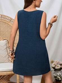 Vestido casual sin mangas de cuello redondo con decoración bordada, talla grande, perfecto para vacaciones - Azul marino - Ver 5