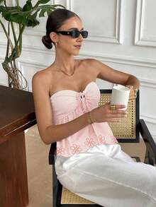 Top camisole de mujer con estampado, bordado y rayas, ideal para vacaciones con lazo delantero - Rosa Pálido - Ver 3