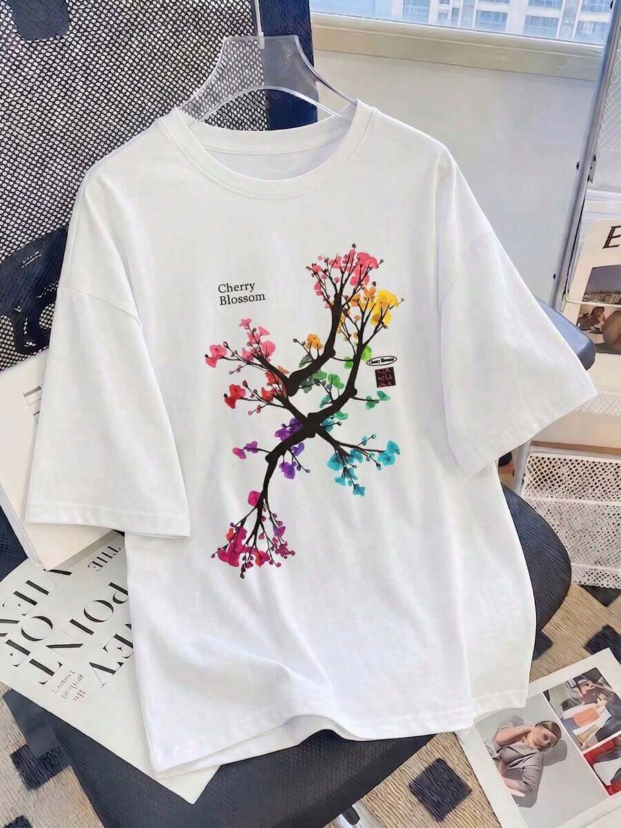 Camiseta de manga corta ligera, cómoda y suave, ajustada para uso diario, con estampado floral de sakura colorido en estilo callejero estético, blusa de verano casualSuitable for spring, summer and autumn - Blanco - Ver 1