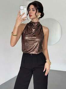 Blusa de satén dorado con cuello de tortuga y espalda de halter, elegante y casual para ir al trabajo/Look de Año Nuevo/Blusa sexy/Blusa brillante/Blusa para fiesta/Blusa de estilo "Old Money"/Blusa dorada - Marrón - Ver 6