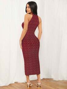 Vestido ajustado de cuello halter con estampado floral - Rojo - Ver 2