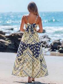 Vestido casual sin mangas con lazo para primavera y verano, atuendos de verano para mujer, vestidos de verano para mujer, atuendos de vacaciones, vestido de playa de verano para mujer, vestido de vacaciones estilo boho y fairycore, vestido sin esp - Multicolor - Ver 1