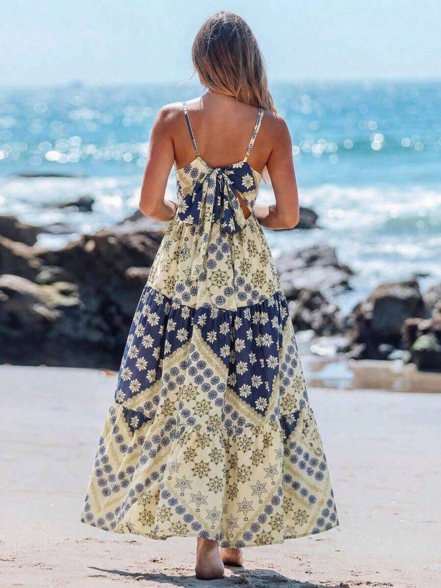 Vestido casual sin mangas con lazo para primavera y verano, atuendos de verano para mujer, vestidos de verano para mujer, atuendos de vacaciones, vestido de playa de verano para mujer, vestido de vacaciones estilo boho y fairycore, vestido sin esp - Multicolor - Ver 1