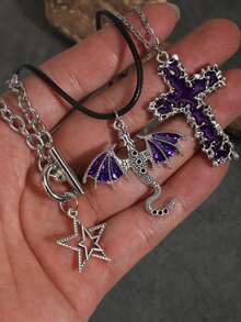 Bộ 3 mặt dây chuyền phong cách Gothic cổ điển hình ngôi sao, thánh giá tan chảy, cánh và rồng, phụ kiện dây chuyền nhiều lớp sang trọng tối giản dành cho nữ. - Màu tím - Xem 3