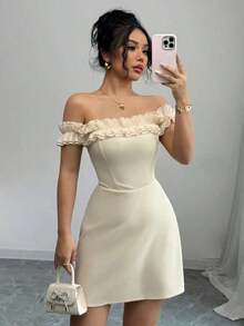 Vestido romántico con hombros descubiertos y volantes en la cintura para mujeres - Albaricoque - Ver 1