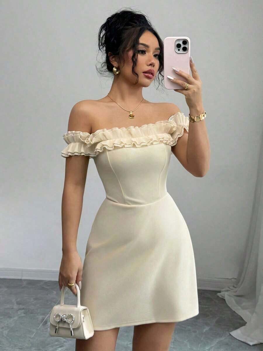 Vestido romántico con hombros descubiertos y volantes en la cintura para mujeres - Albaricoque - Ver 1