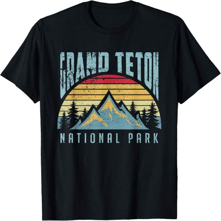 Vintage Retro Grand Teton National Park Wyoming T Shirt T-Shirt - 黑色 - 查看 1