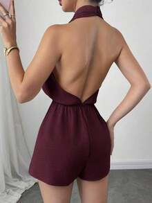 Mono elegante y romántico sin espalda con cuello halter para mujer, adecuado para fiestas, vacaciones, citas y bodas, cumpleaños - Burdeos - Ver 2