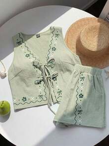 Conjunto de 2 piezas de estilo bohemio y veraniego con estampado floral blanco tejido - Verde - Ver 6
