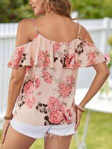 Blusa casual de verano con estampado floral y volantes en el bajo - Azul y blanco - Ver 2