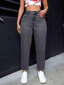 Pantalones vaqueros informales de mujer con bolsillos de forma cónica y multiusos - Gris Oscuro - Ver 6