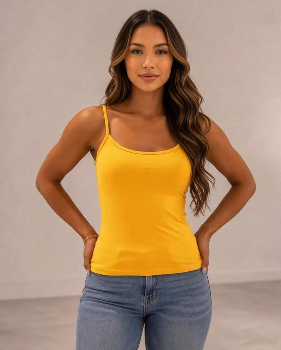 Basic Women's Tank Top With Thin Straps - Yellow - View 1