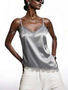 2026 Nueva blusa de satén brillante con encaje gris minimalista de primavera, camisola con adorno de encaje elegante adecuada para primavera/verano; camisa elegante adecuada para fiesta, primavera, Navidad, Año Nuevo; blusa de camisola de satén eleg - Gris - Ver 7