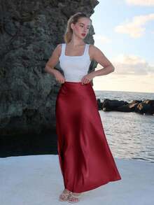 Falda larga básica de unicolor para mujeres, conjunto de ropa de mujer - Rojo - Ver 5