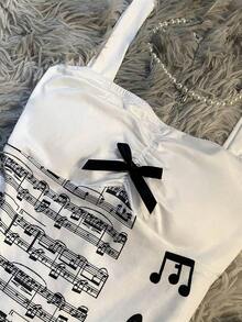 Esta dulce y adorable blusa crop de ajuste ceñido inspirada en el estilo Y2K de cuento de hadas presenta estampados de partituras y notas musicales, y un lindo moño, que muestra un encanto femenino.Es una opción perfecta ya sea como regalo para una amiga o para uso diario. - Multicolor - Ver 5