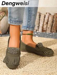 Green Tassel Rivet Decor Flat Round Toe Casual Comfortable Versatile Lightweight Daily Office Vacation Slip-On Shoes For Women, All Season - Olive Green - View 3