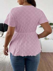 CosyJoli Camiseta de mujer de talla grande con cuello en V, parche de encaje y textura a rayas en forma de A - Rosa - Ver 2