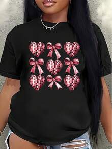 Camiseta de manga corta de poliéster, decorada con patrones de corazones y lazos a cuadros rosados, ligera y duradera, adecuada para uso casual en casa, restaurantes u oficinas, cómoda y ajustada para el uso diario.women's shirts - Negro - Ver 1