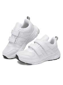 Children's White Hook And Loop Sports Shoes, Lightweight Breathable Running Sneakers - White - View 1